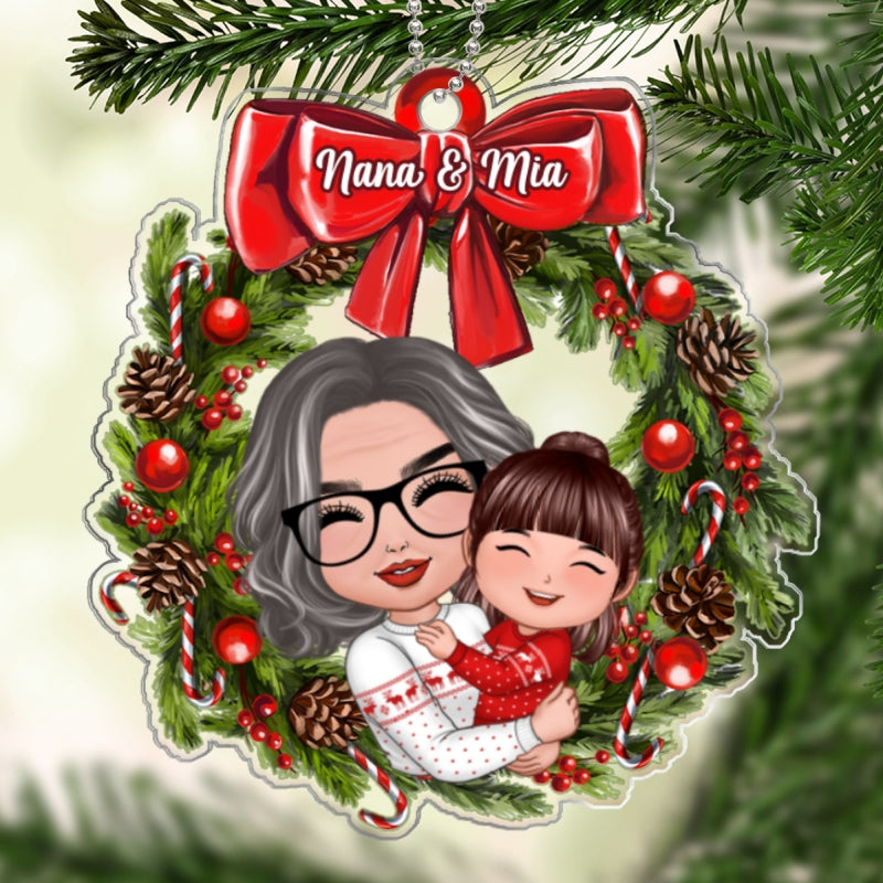 Doll Grandma Hugging Kid In Wreath Christmas Gift For Granddaughter Grandson Personalized Acrylic Ornament