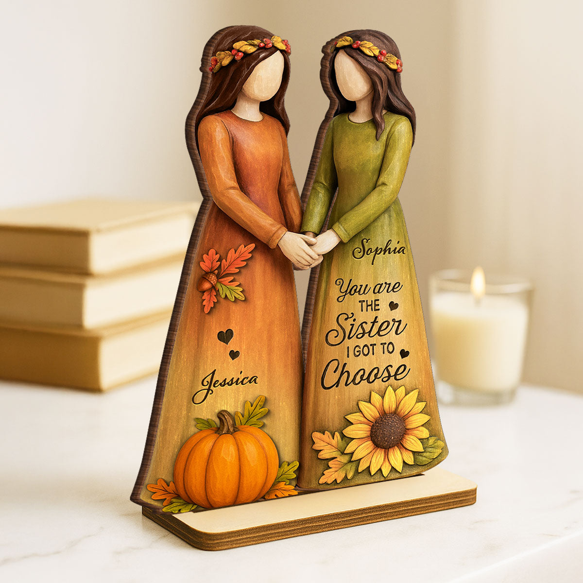 Fall Season Besties Sisters 3D Effect Personalized Standing Wooden Plaque, Gift Friendship Gift for Besties