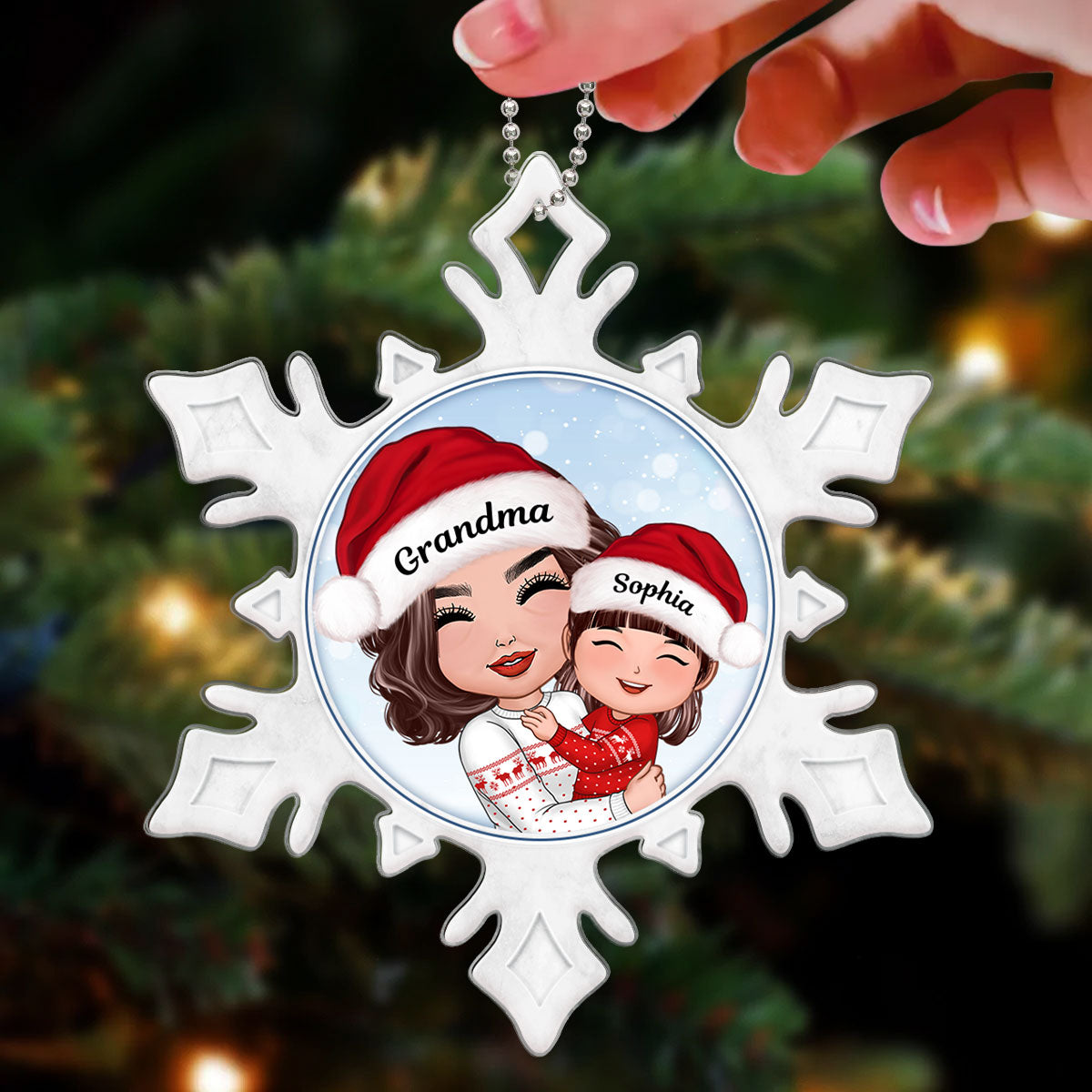 Doll Grandma Hugging Grandkid In Snowflake Christmas Gift For Granddaughter Grandson Personalized Acrylic Ornament