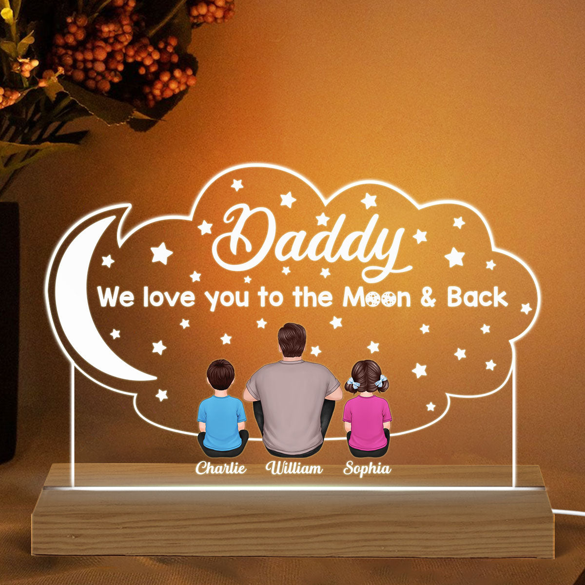 Love Dad To The Moon And Back Moon Star Personalized Custom Shape Warm LED Night Light