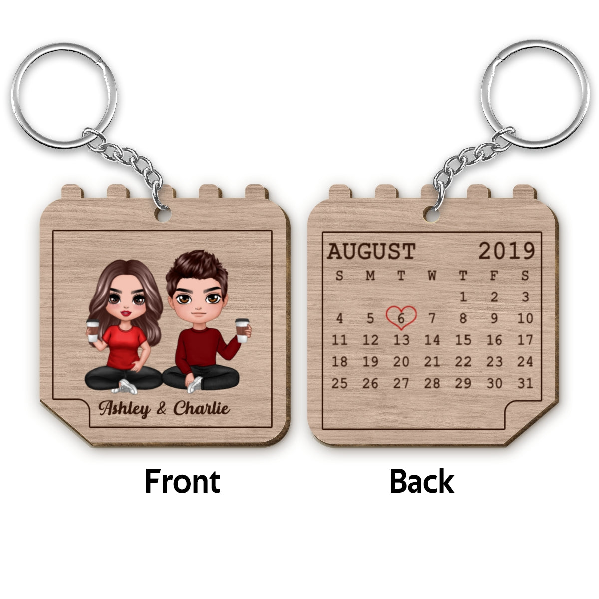 Doll Couple Sitting Calendar Shape Anniversary Date Personalized Wooden Keychain