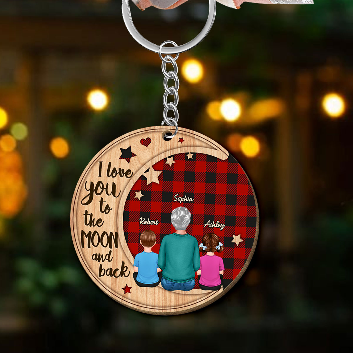 Love Grandma To The Moon Grandkids Checkered Personalized Wooden Keychain