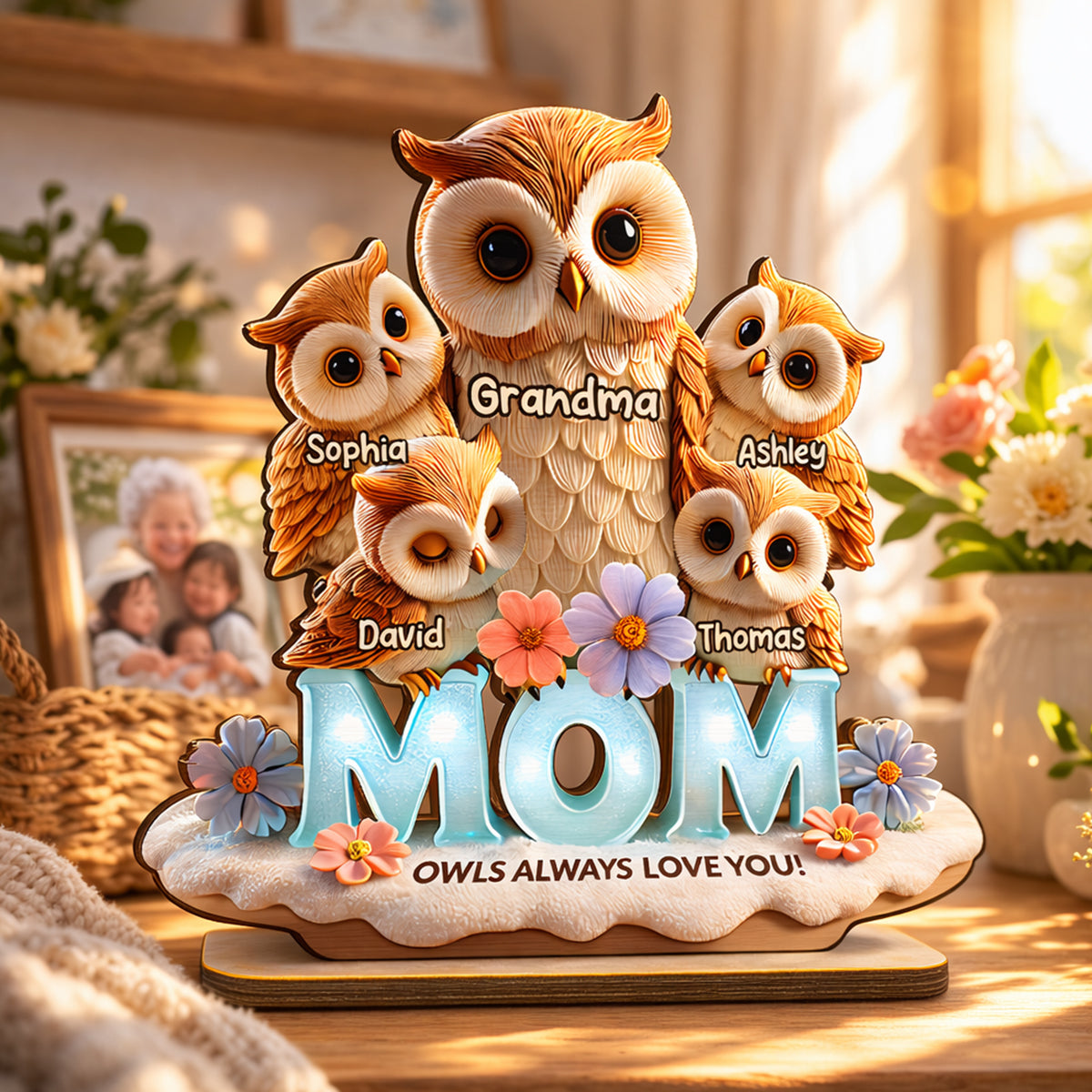 Mom Owls Always Love You - Personalized 2-Layered Wooden Plaque - Gift For Mom, Grandma