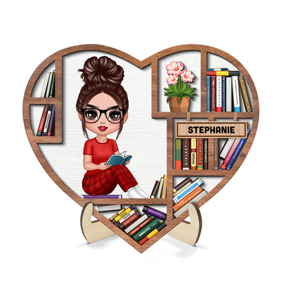 Reading Book Girl Bookshelf Heart Personalized 2-layer Wooden Plaque