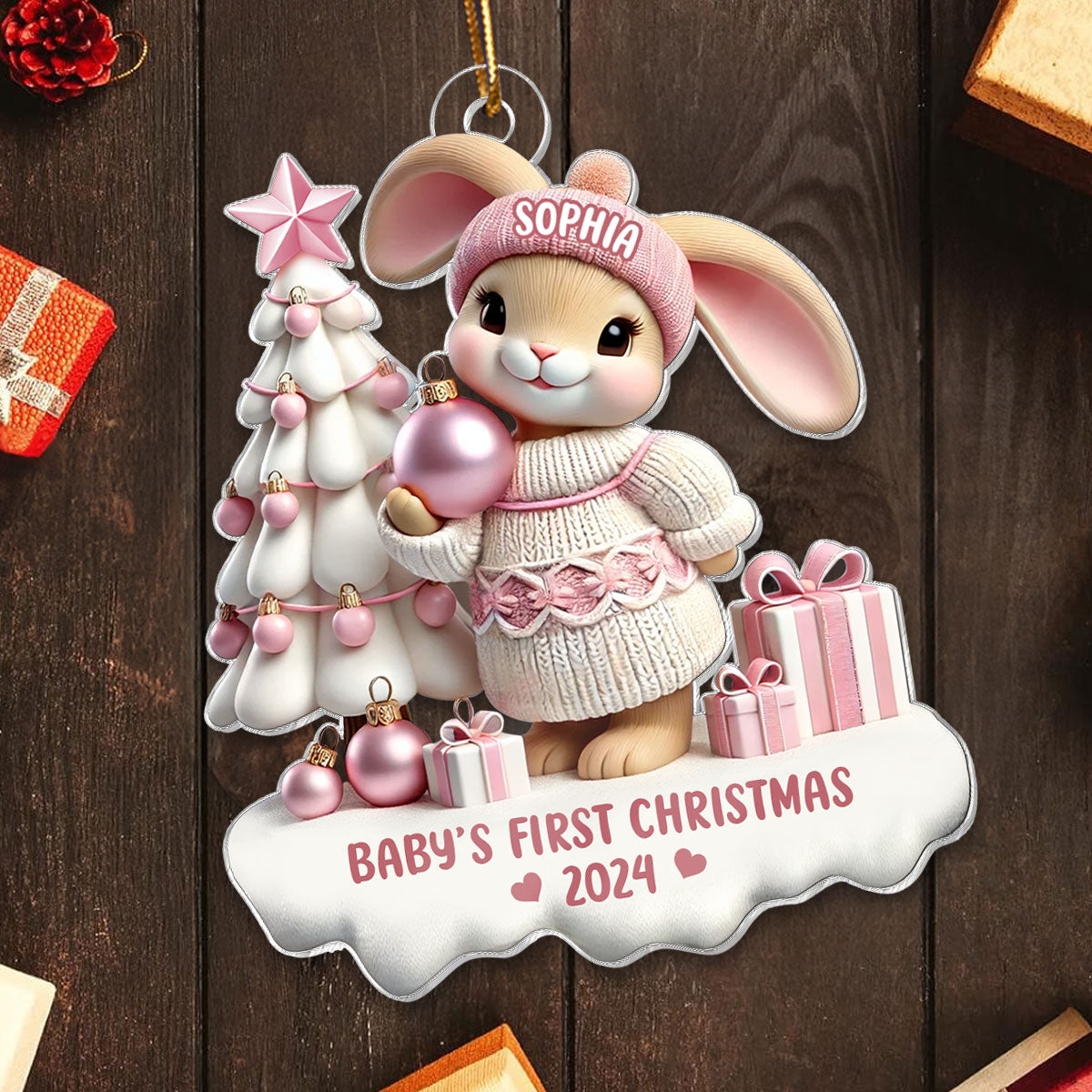 3D Effect Cute Bunny Baby's First Christmas Personalized Acrylic Ornament, Christmas Gift For Newborns, New Grandparents