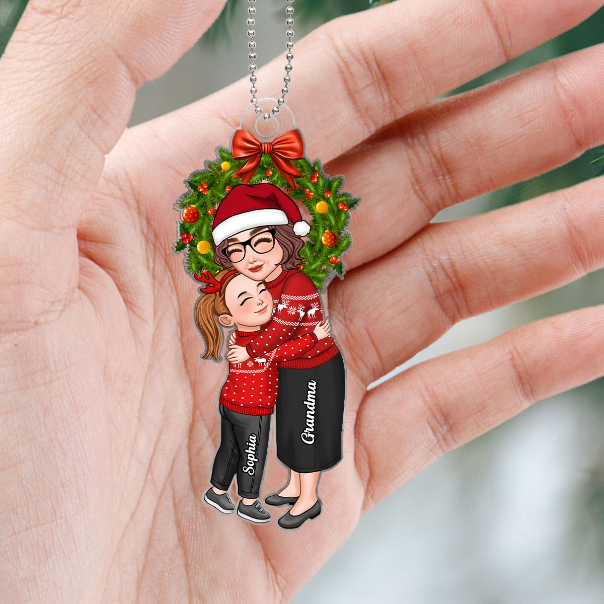 Grandma & Grandkid Hugging Under Christmas Wreath Gift For Granddaughter Grandson Personalized Acrylic Ornament