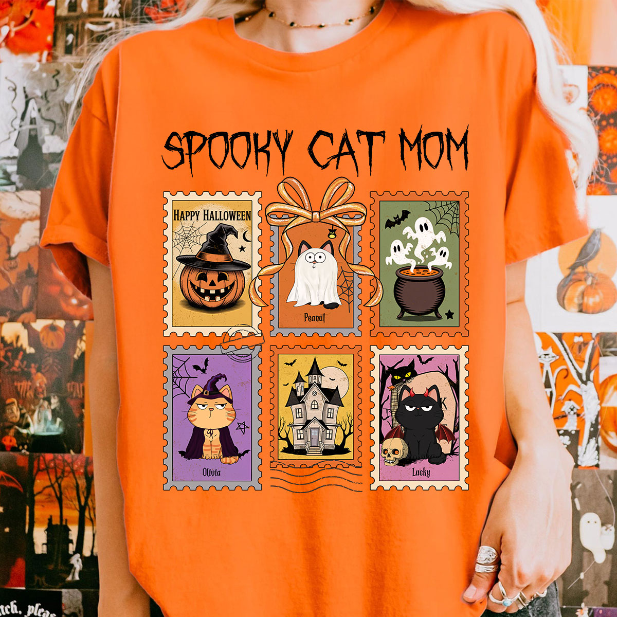 Spooky Cats Retro Stamp Theme Personalized Halloween Shirt