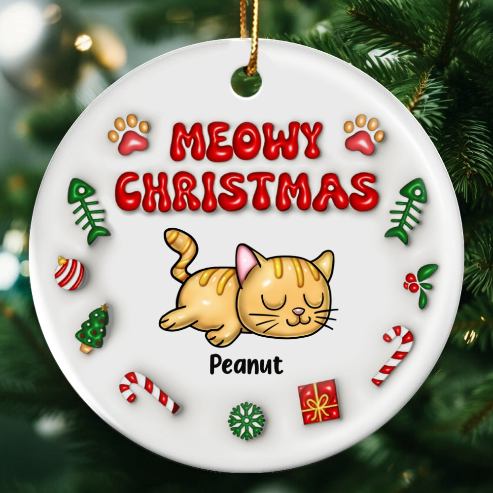 3D Inflated Meowy Christmas Sleeping Cats Personalized Ceramic Ornament, Christmas Gift For Cat Lovers