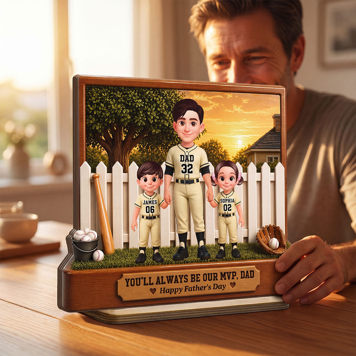 Baseball Dad And Kids Backyard We Caught The Best Dad - Personalized 2-Layered Wooden Plaque - Father's Day Gift For Dad