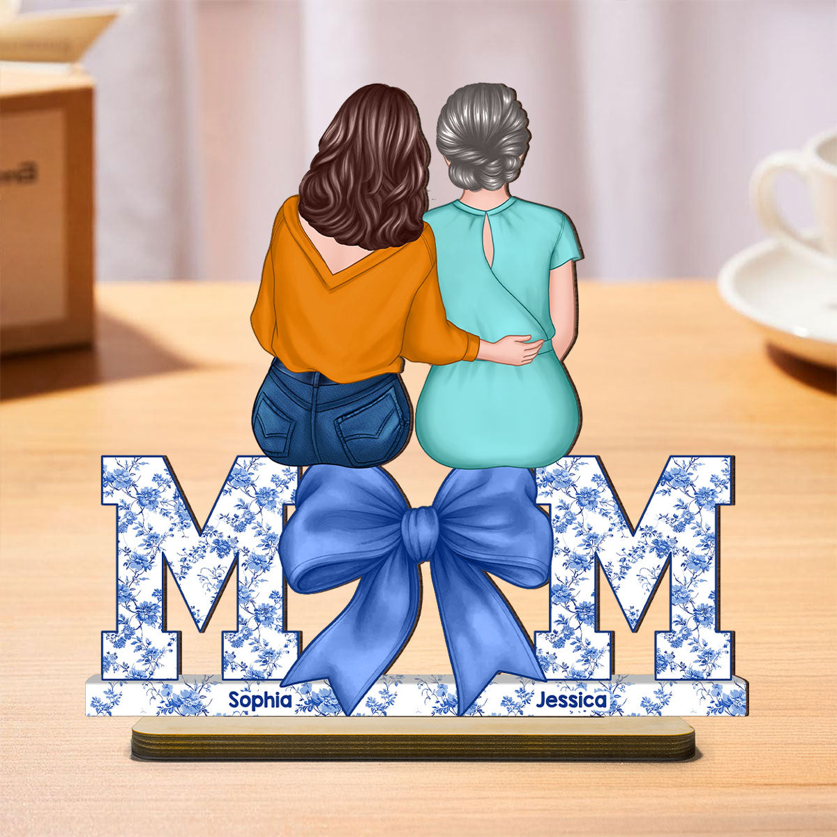 Mother Daughters Blue Floral Chinoiserie Personalized Standing Wooden Plaquer, Gift