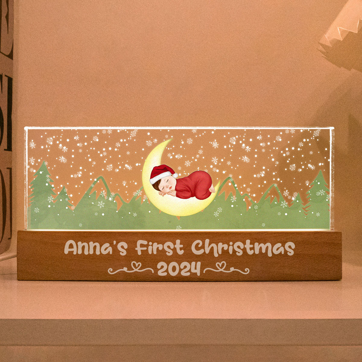 First Christmas Newborn Baby Sleeping On Moon Personalized LED Night Light