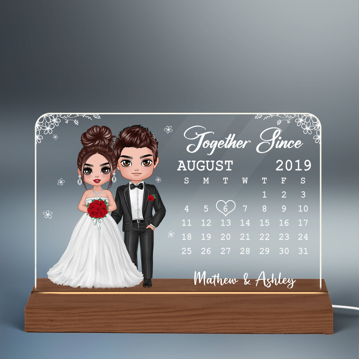 Doll Couple Wedding Anniversary Date Calendar Bride & Groom Rectangle Personalized Custom Shape Acrylic Plaque With LED Night Light - Anniversary Gift For Couple - Gift For Him - Gift For Her