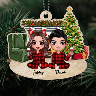 Pajamas Doll Couple Sitting At Fireplace Personalized Wooden Ornament