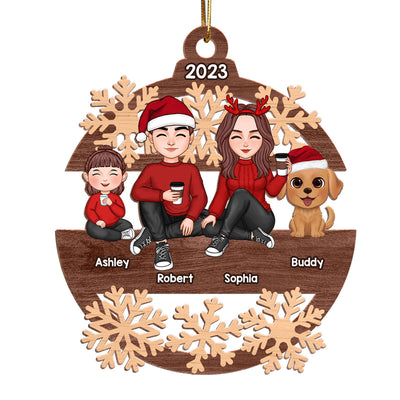 Snowflake Cute Family Sitting Personalized Wooden Ornament
