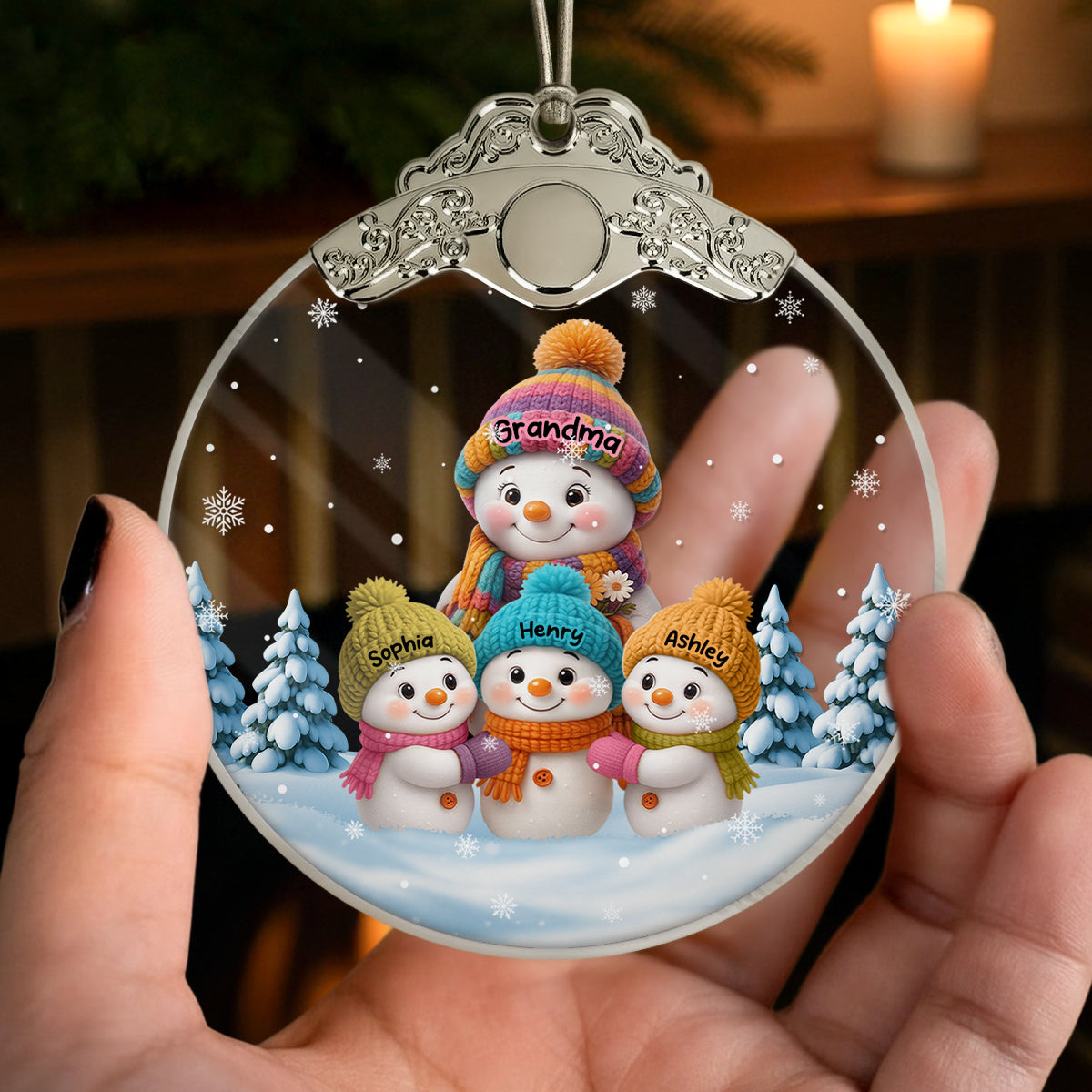 Snowman Grandma & Grandkids in Snow - Personalized Glass Ornament With Silver Cap - Heartwarming Christmas Gift for Grandma Grandpa - 3D Effect Ornament