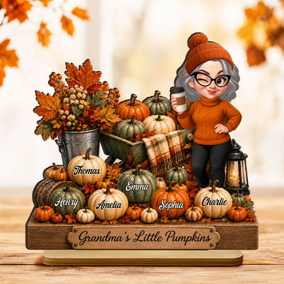 Pumpkin Wheelbarrow Grandma Grandkids - Personalized 2-Layered Wooden Plaque - Fall Season Decor Gift, Gift For Grandma