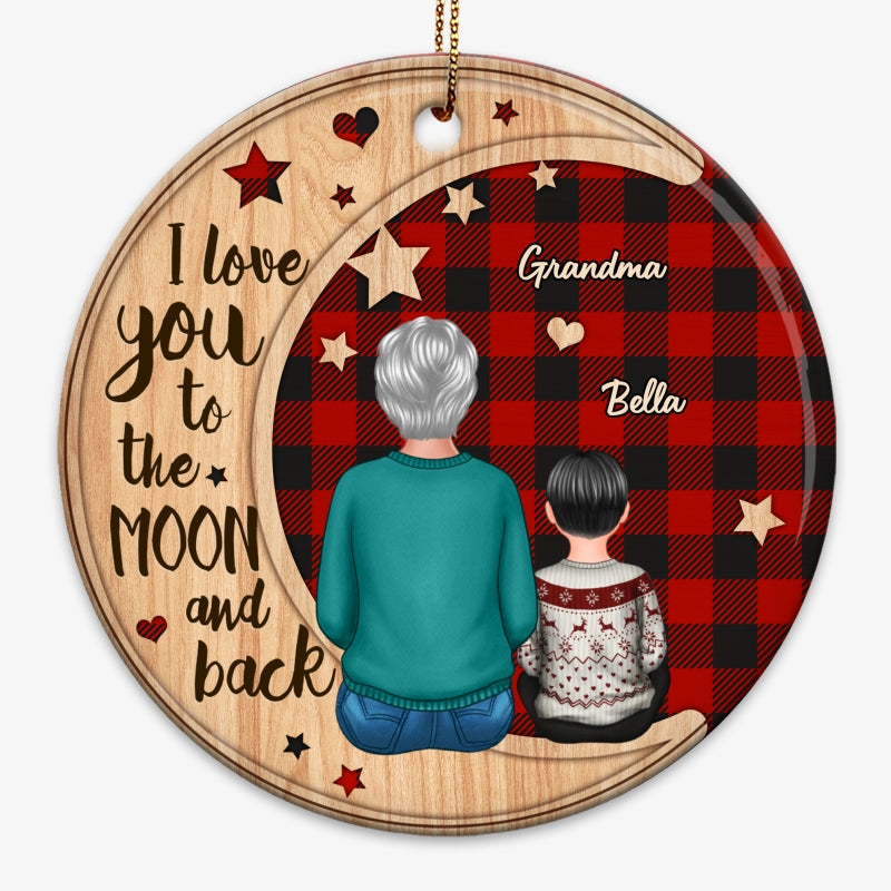 Checkered Pattern Grandma Grandkids On Moon Personalized Circle Ornament