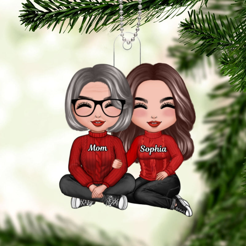 Doll Mom Daughter Grandma Teenage Granddaughter Sitting Hugging Christmas Personalized Acrylic Ornament