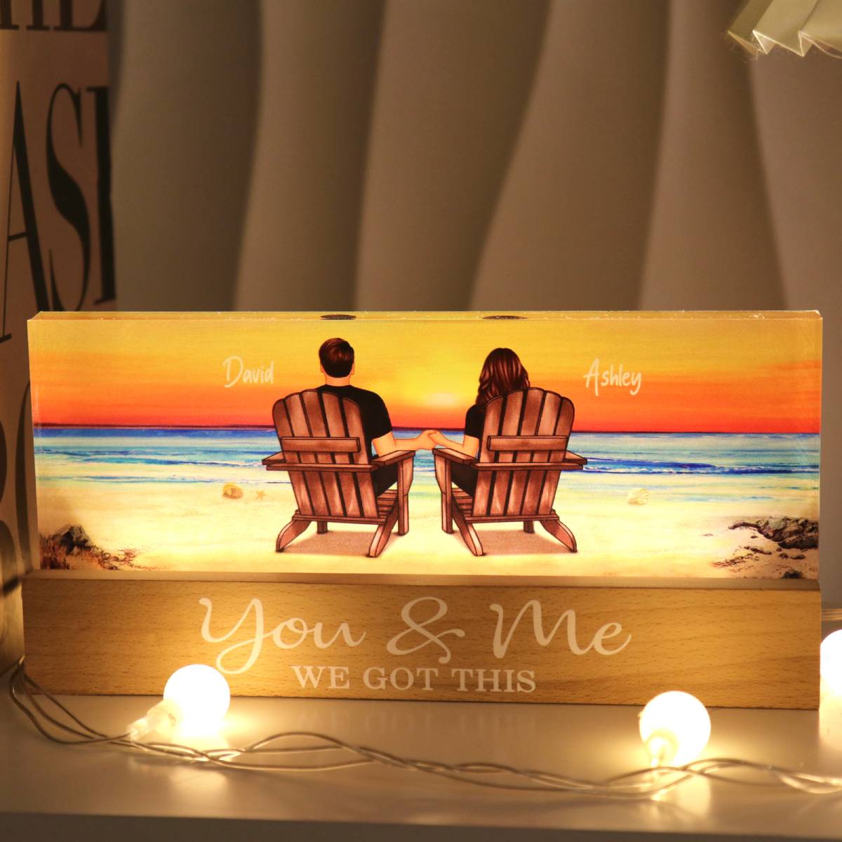 Couple Sitting At Beach Retro Personalized LED Night Light, Anniversary Gift For Couple, Gift For Husband, Wife, Dad, Mom