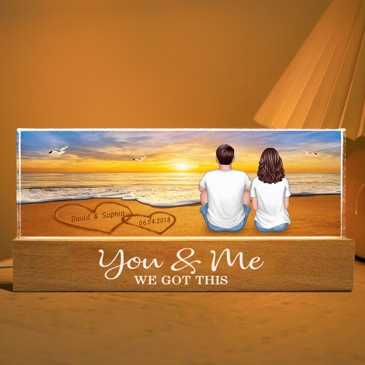 Love on the Beach, Personalized Acrylic Block LED Night Light, Names on Sandy Beach Art with Couple's Names and Date on Perfect Gift for Anniversary