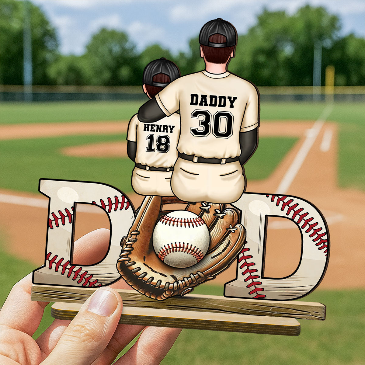 Baseball Softball Dad & Kids Glove Personalized 2-Layer Standing Wooden Plaque,  Gift for Dad, Gift for Husband
