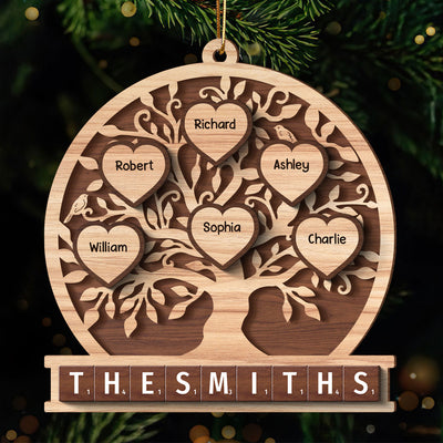 Family Heart Tree Of Life 2-Layered Wooden Ornament, Personalized Family Crossword 2-Layered Wooden Ornament