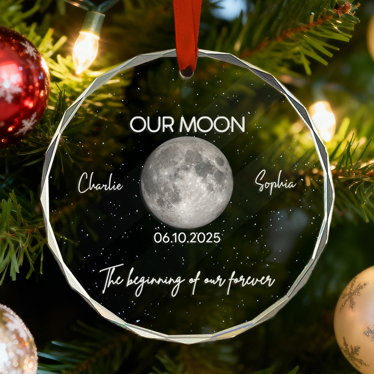 Moon Phase Couple The Beginning Of Our Forever - Personalized Glass Ornament - Gift For Couple