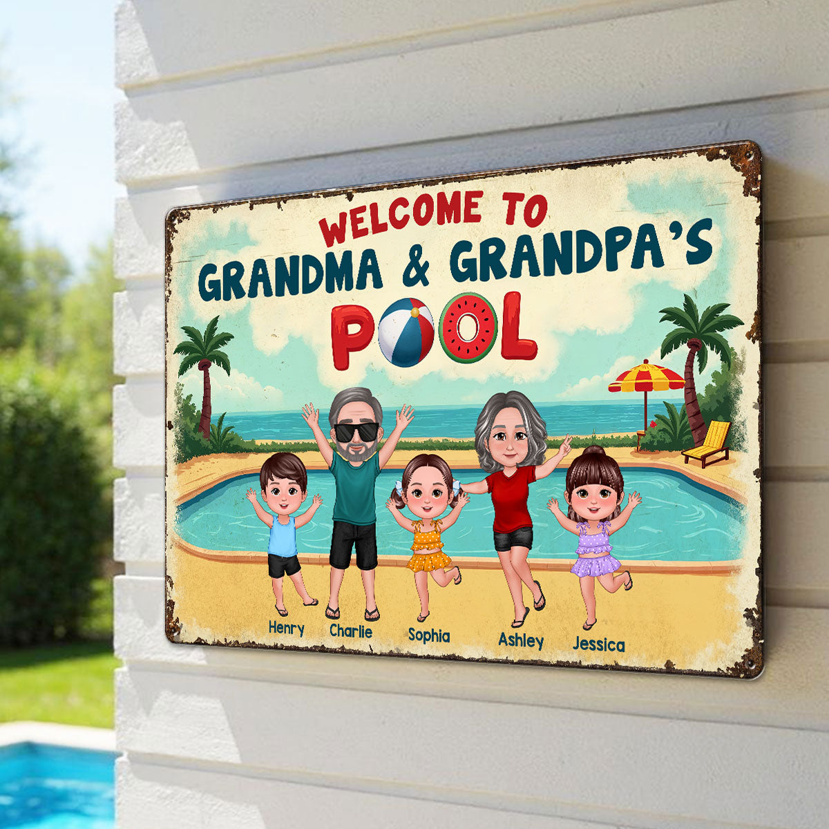 Summer Vibe Welcome To Grandpa Grandma Grandparents Pool Personalized Metal Sign