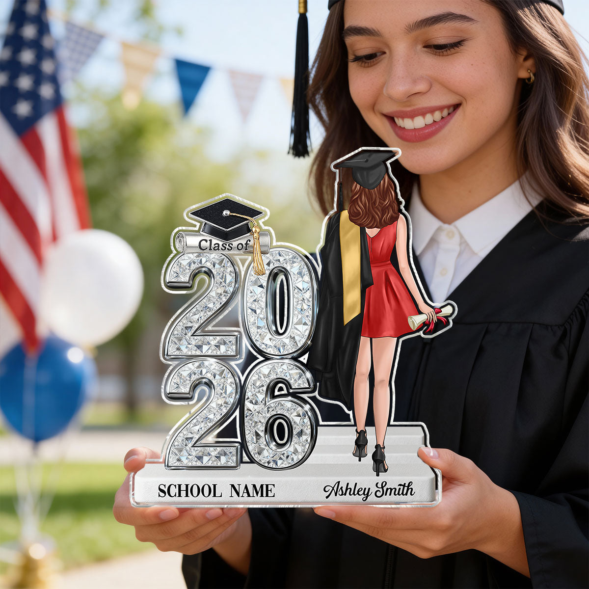Class Of 2026 2027 Back View Senior Shiny Effect 2D Flat - Personalized Acrylic Block Plaque - Graduation Gift For Graduates, Daughter, Son