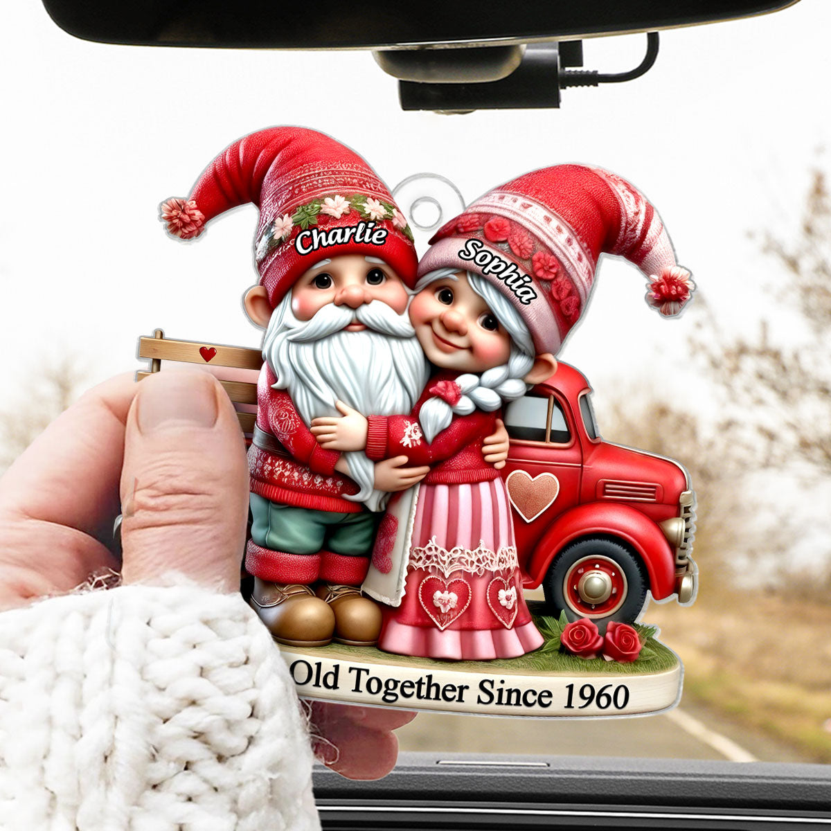 3D Effect Gnome Old Couple And  Truck Personalized Car Hanger Ornament,  Gift For Couple, For Him, For Her, Husband, Wife