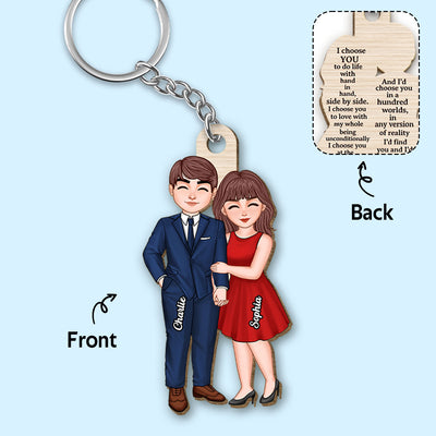 I Choose You To Do Life With Couple Holding Hand Personalized Wooden Keychain