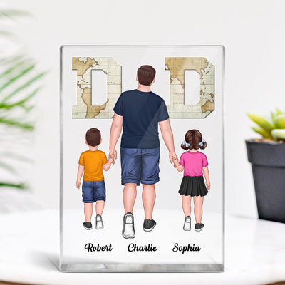 Walking Dad And Kids World Map Text Personalized Acrylic Block Plaque