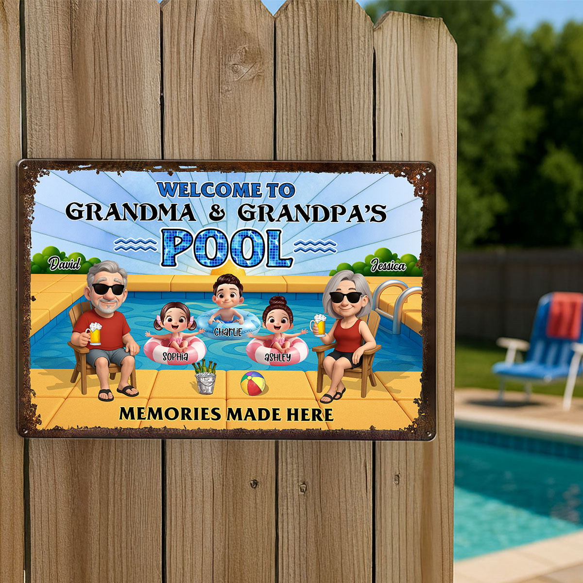 Grandparents Sitting with Grandkids Personalized Metal Sign, Grandparents Hosting Grandkids Summer Swimming Pool Sign