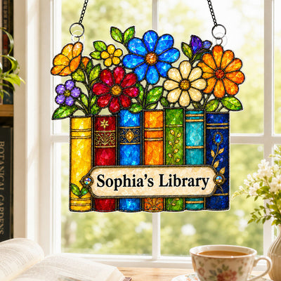 Floral Library Books - Personalized Acrylic Window Hanging - Book Lover Gifts for Women, Girl
