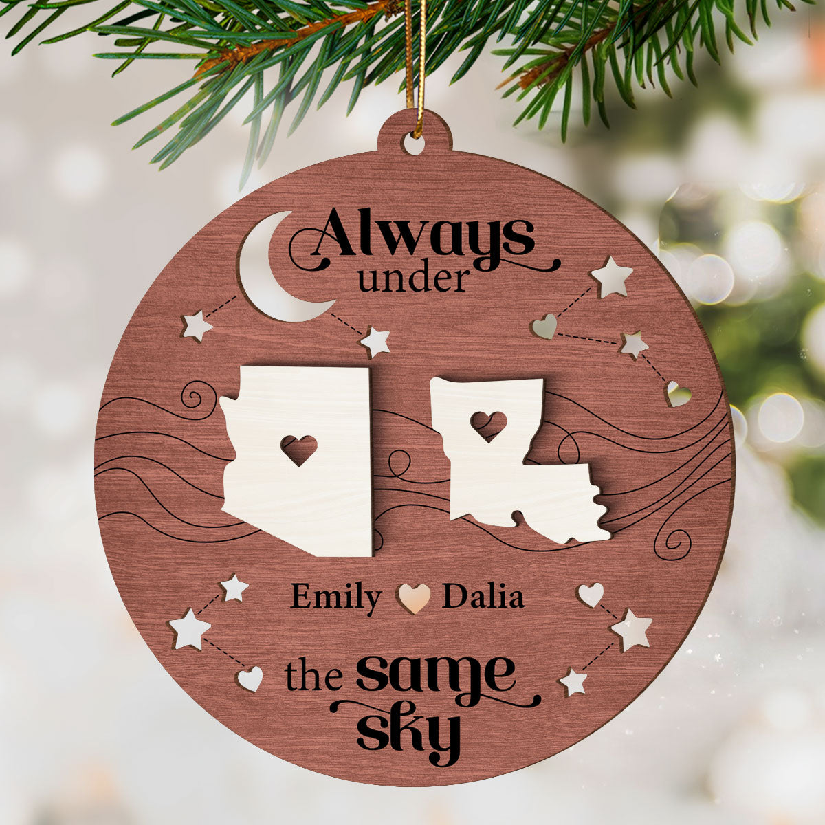 Always Under The Same Sky, Christmas Gifts for Boyfriend Girlfriend Personalized 2-Layered Wooden Ornament, Long Distance Relationship Gift
