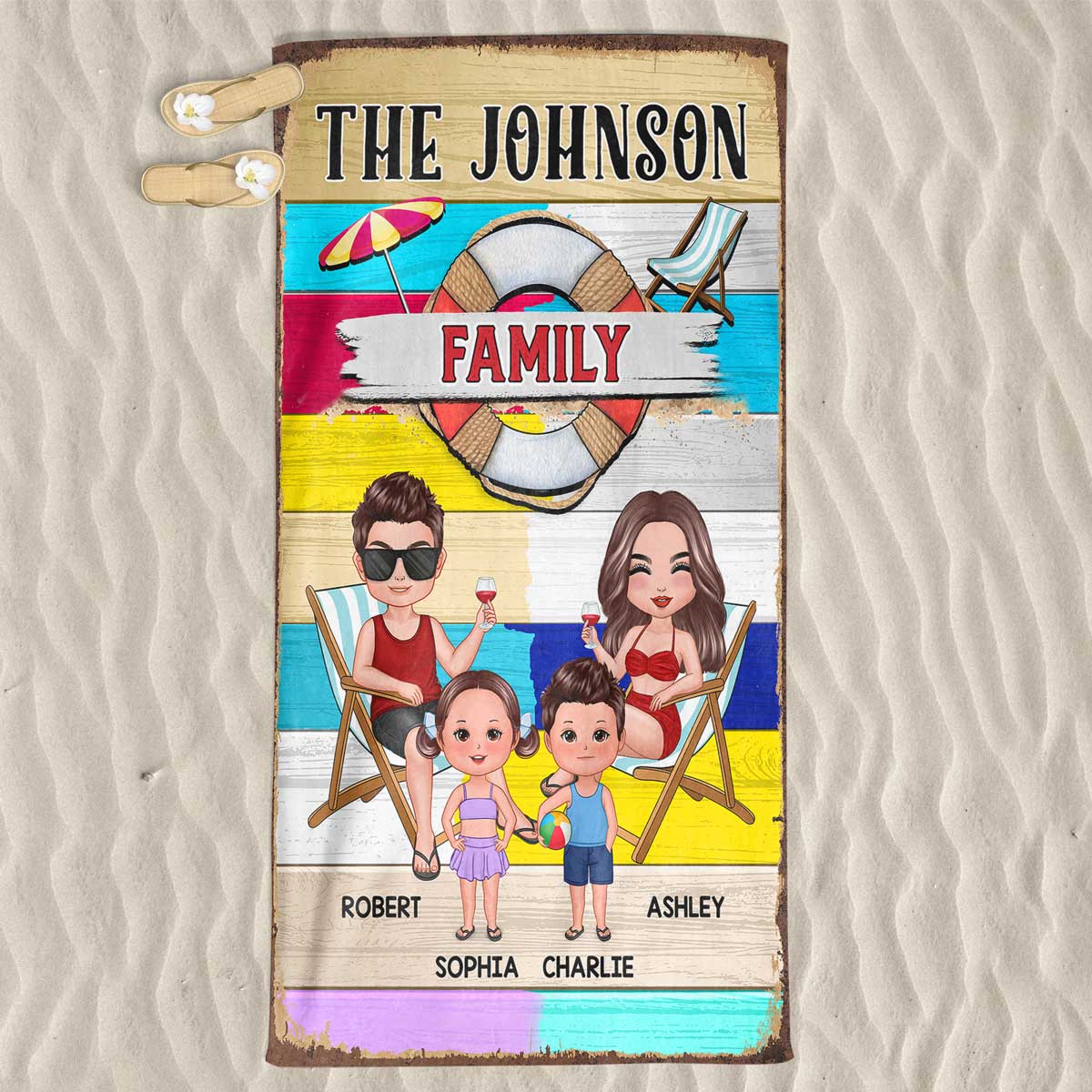 Family Colorful Stripe Personalized Beach Towel
