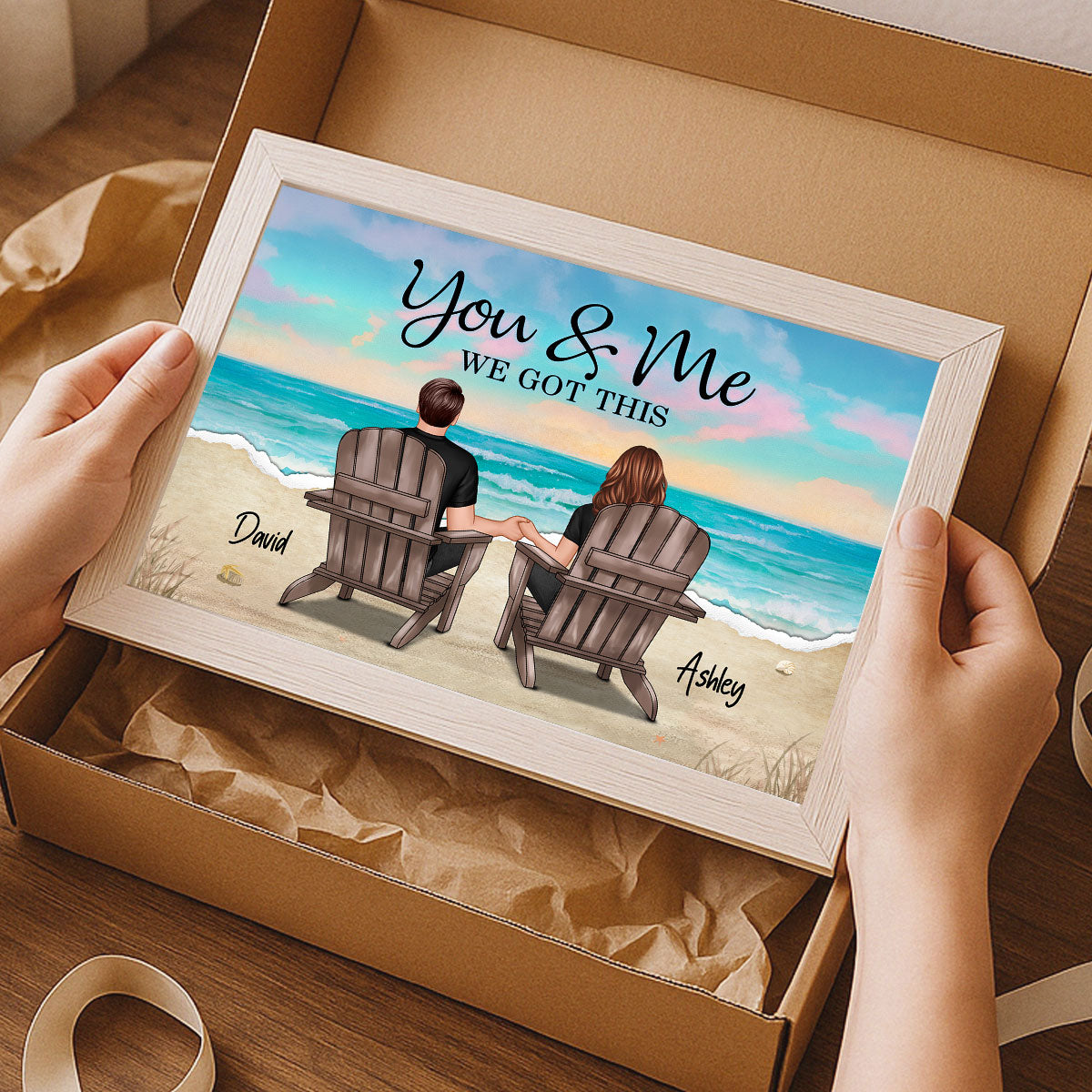 Torn Paper Patterned Couple Beach Landscape Personalized Poster