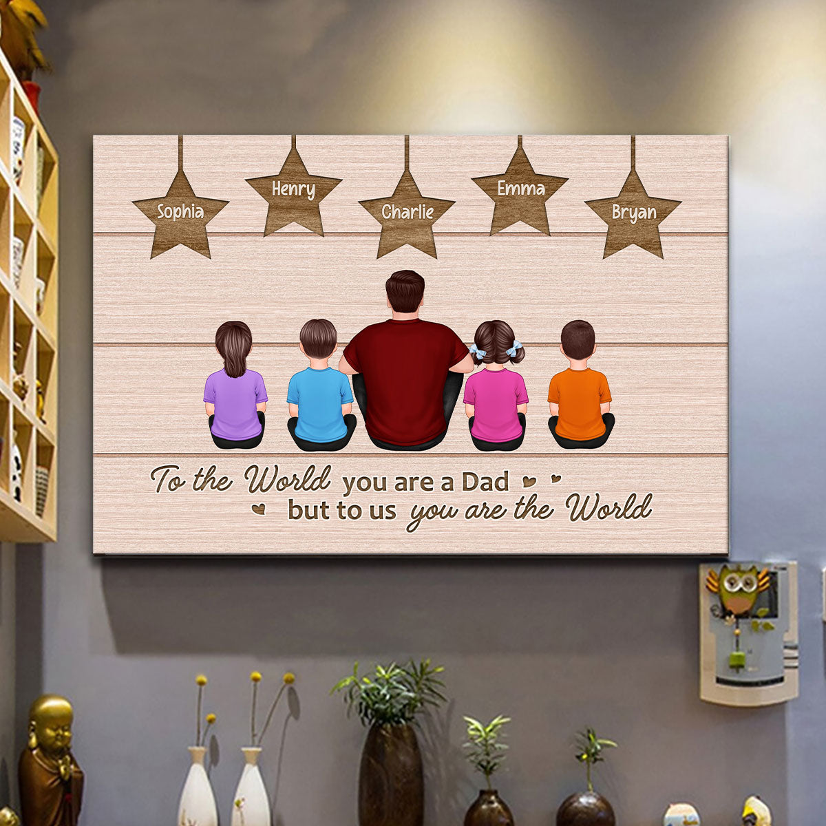 Best Dad Ever Back View Man Kids Dog Cat Sitting Under Stars Personalized Poster, Gift For Dad