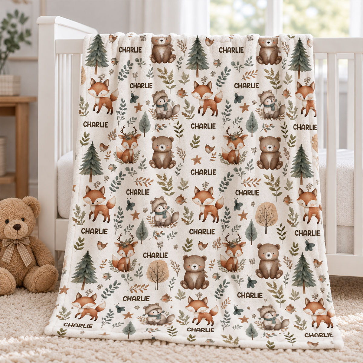 Woodland Animal Print Custom Baby Name - Personalized Fleece Blanket - Nursery Woodland Animal Theme For Baby