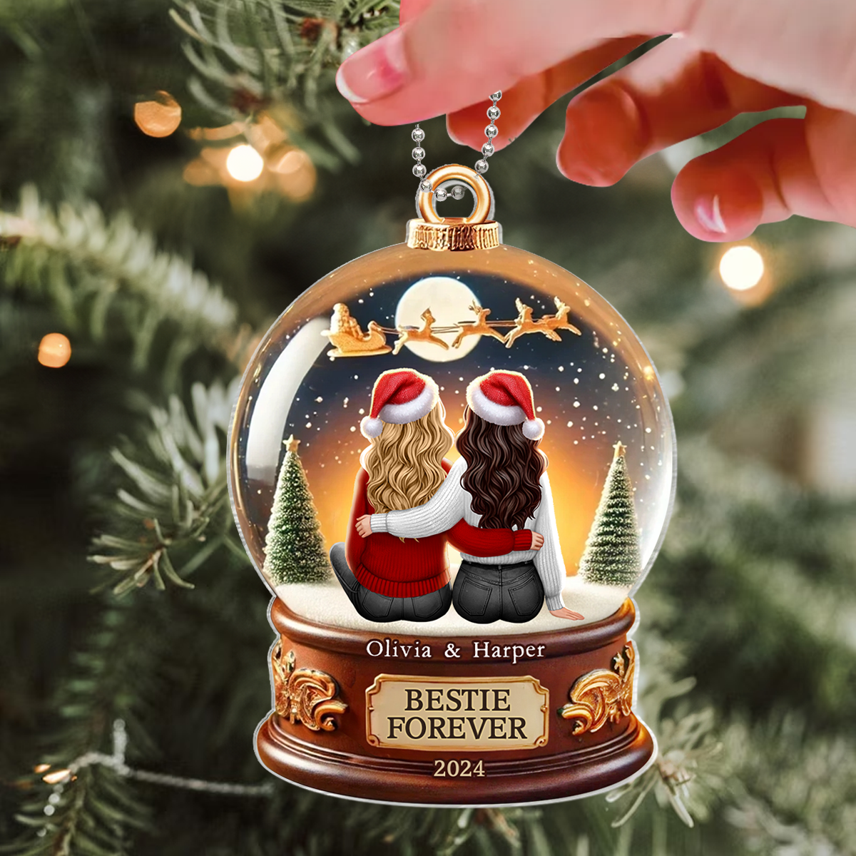 Besties Forever 3D Realistic Snow Globe Personalized Acrylic Ornament, Christmas Gift For Besties