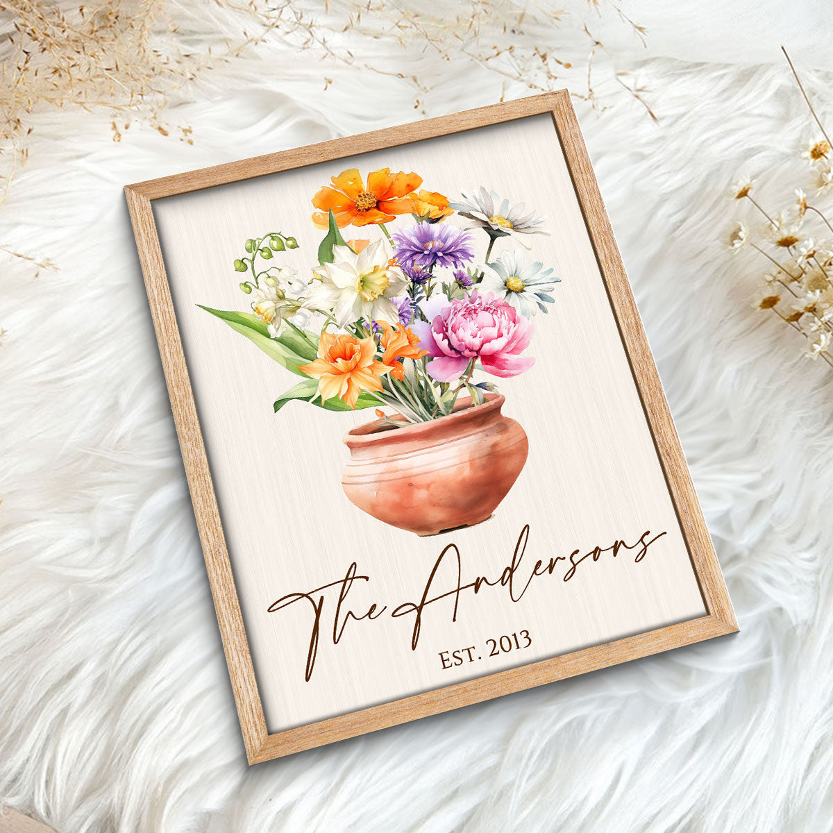 Family Beautiful Birth Flower Bouquet Home Decor Personalized 2-Layer Wooden Plaque