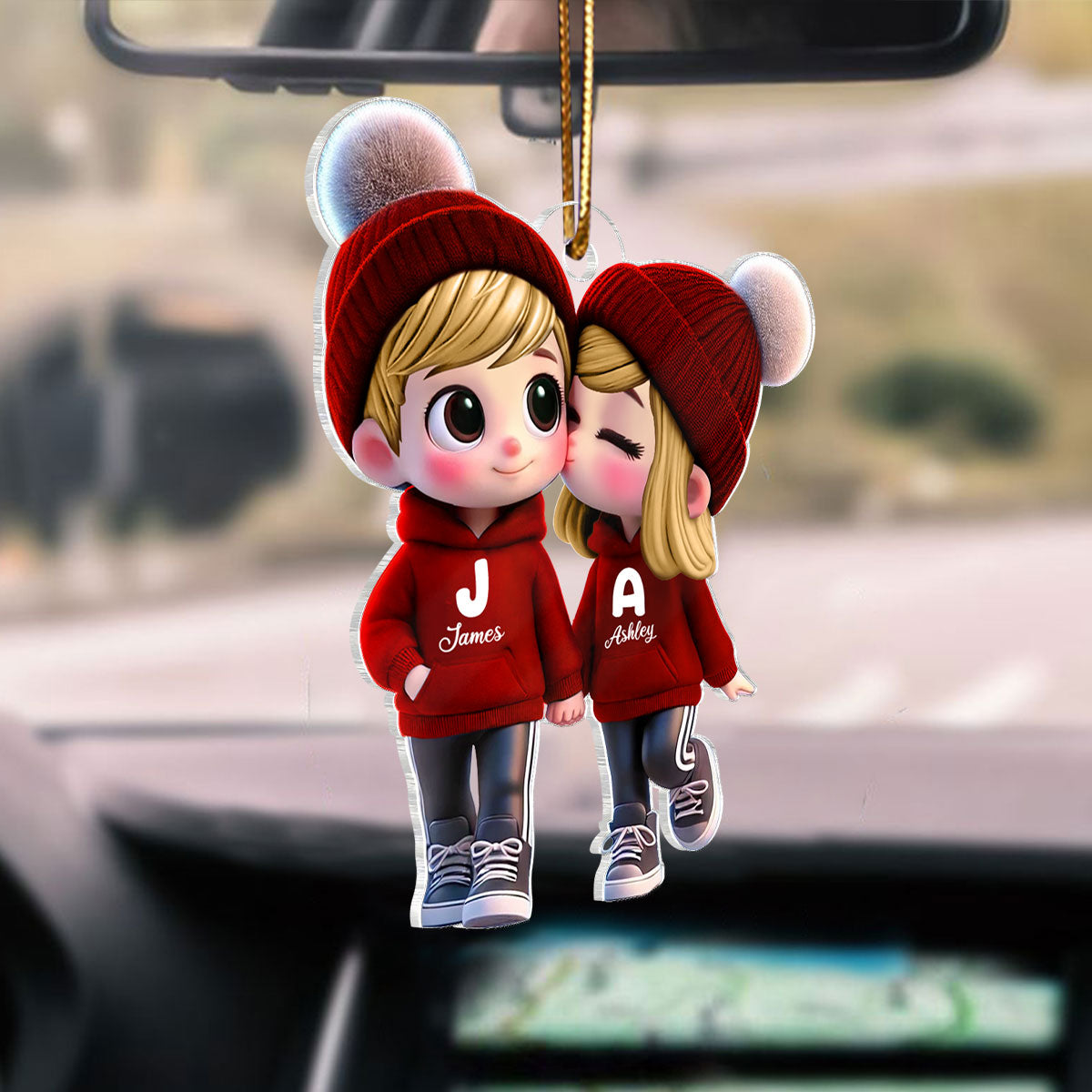 3D Effect Cute Cartoon Couple Walking - Personalized Acrylic Car Hanger - Unique Valentine's Day Gift For Him, Gift For Her