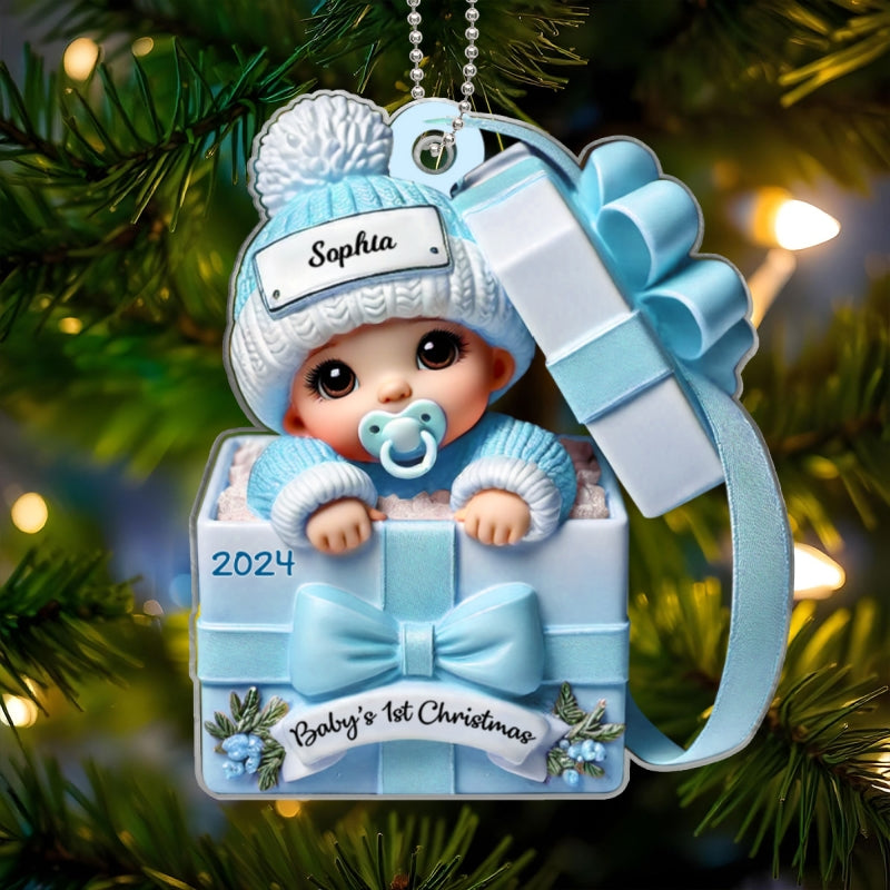 Baby Inside Gift Box 3D Effect Personalized Acrylic Ornament, Lovely Keepsake to Celebrate Baby's First Christmas