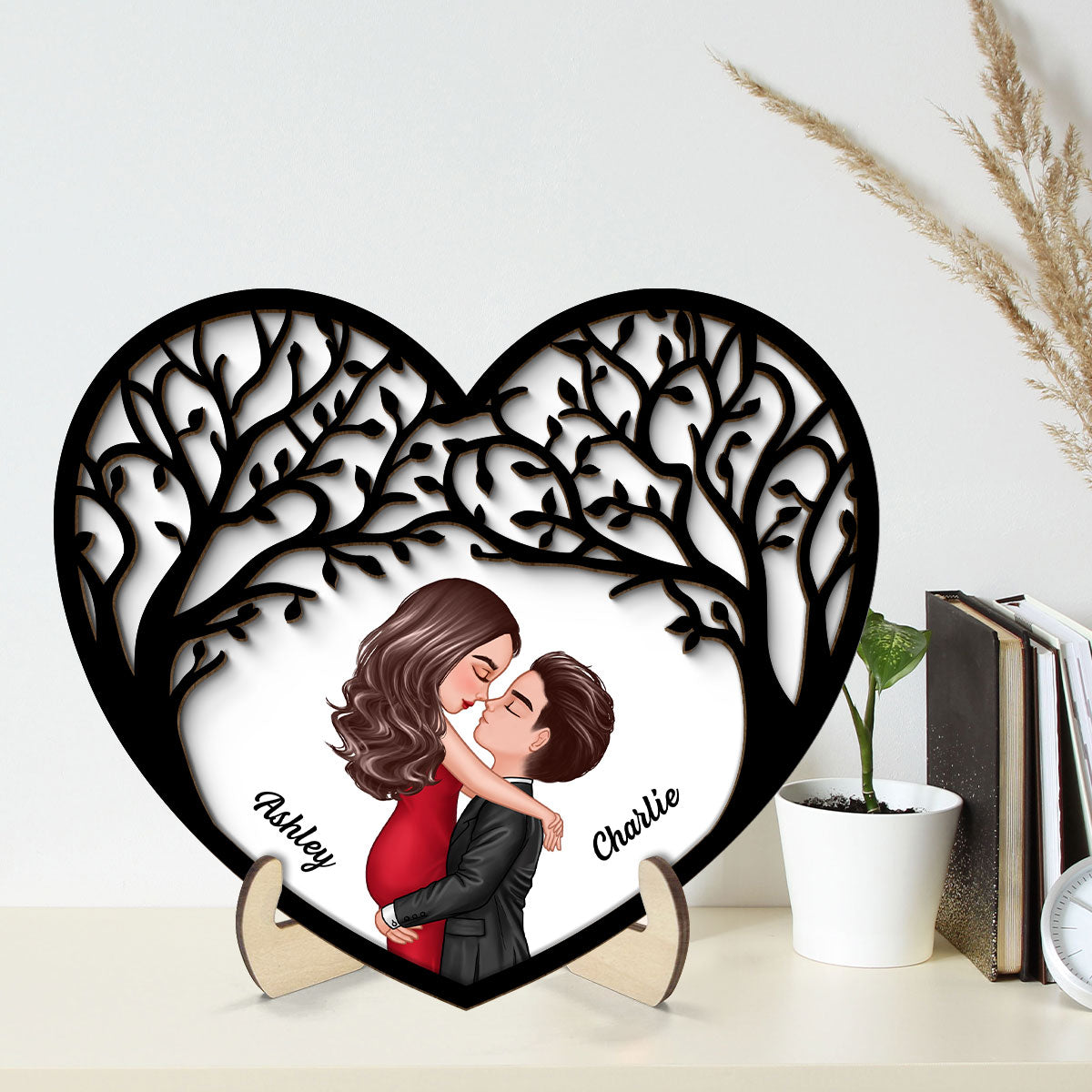 Couple Kissing Under Tree Canopy Heart Personalized 2-layer Wooden Plaque, Gift For Him, For Her