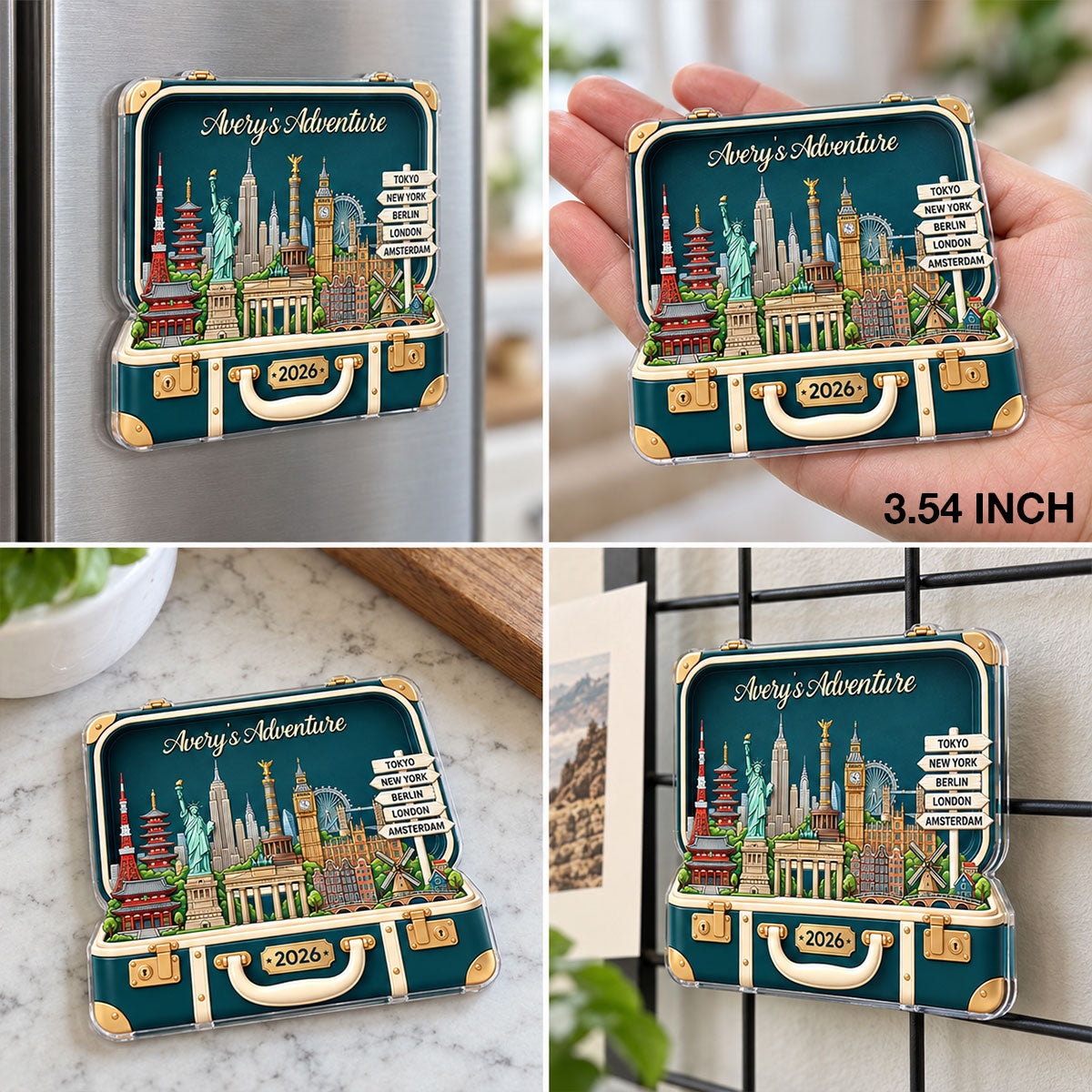 Custom Travel Adventure Suitcase 2D Flat Printed - Personalized Acrylic Fridge Magnet - Traveling Destination Keepsake, Gift For Traveling Lovers