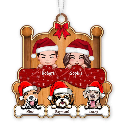 Christmas Doll Couple On Bed With Dogs Personalized Wooden Ornament