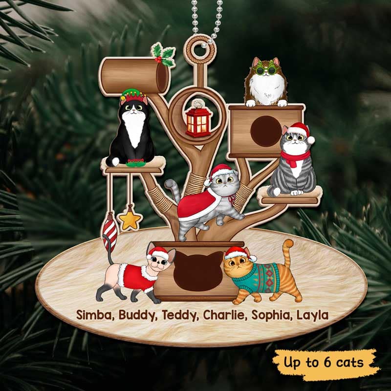 Christmas Fluffy Cat Tower Personalized Wooden Ornament