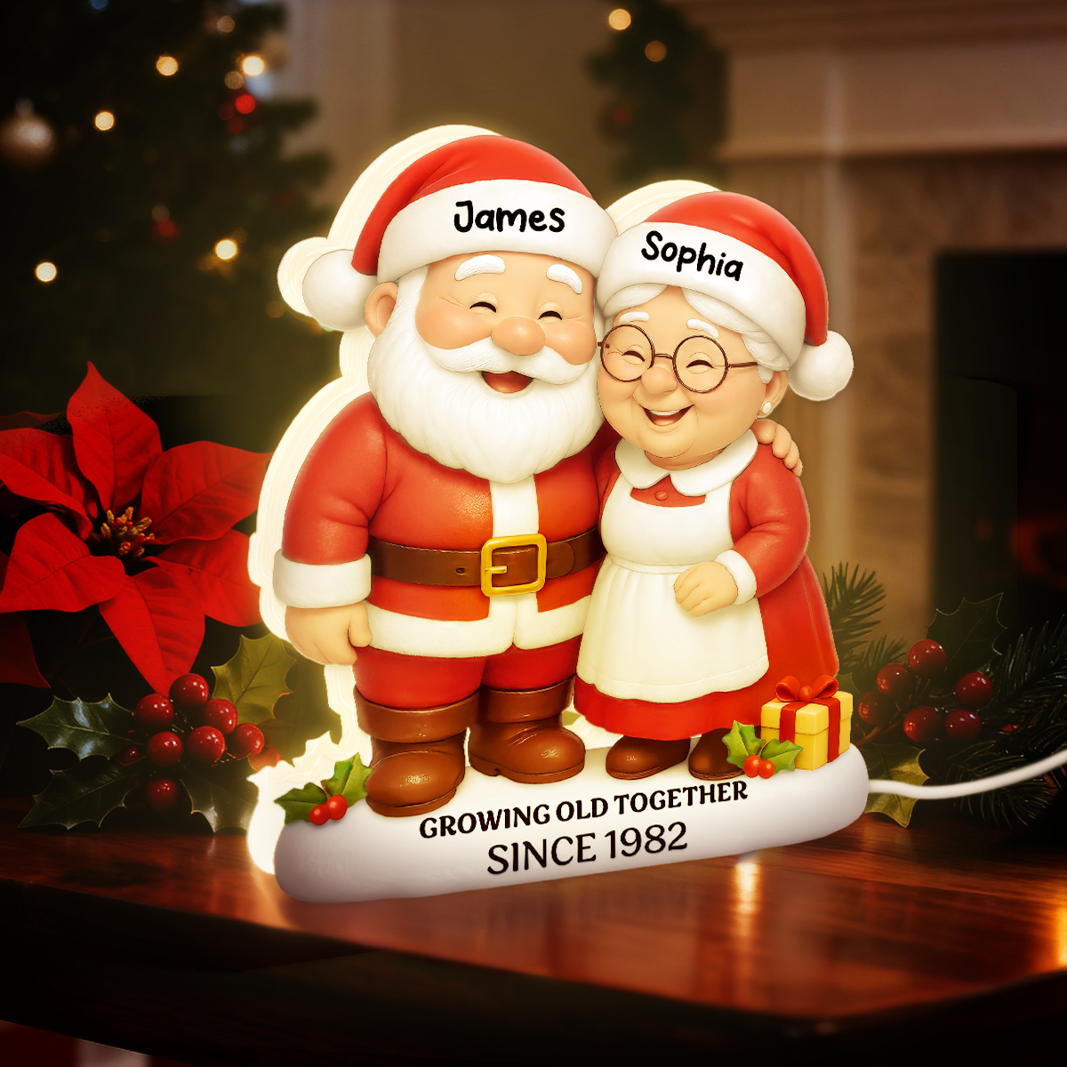 Christmas Santa Couple Growing Old Together - Personalized Light Box - Gift For Couple