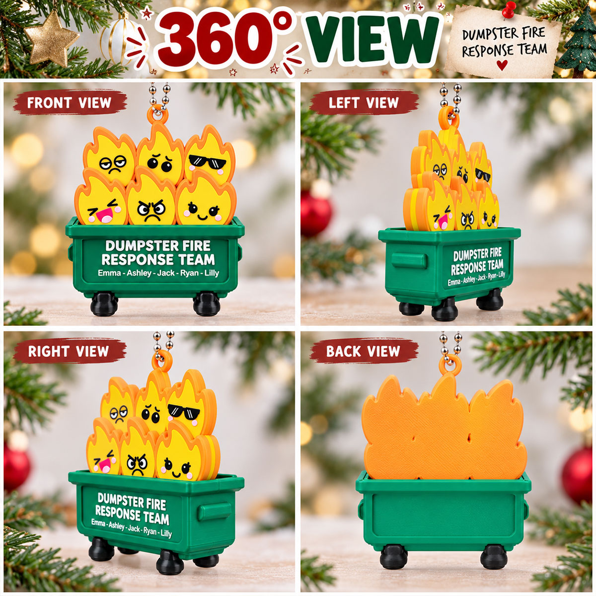 Funny Dumpster Fire Response Team Custom Names - Personalized 3D Printed Ornament - Real 3D Ornament, Figurine, Funny Christmas Gift For Colleagues, Coworkers, Boss, White Elephant Gift