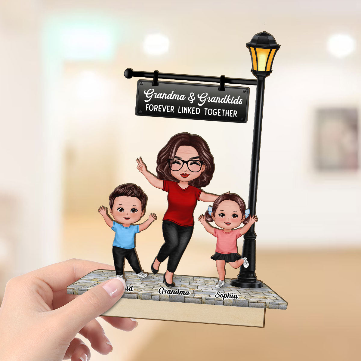 Grandma Grandkids Under Lamp Post Personalized 2-Layer Standing Wooden Plaque, Heartfelt Gift For Grandma, Grandkids